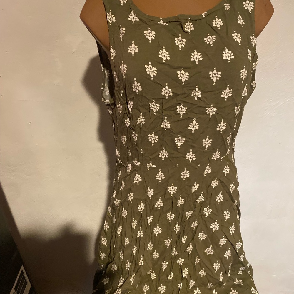 Olive Green Sleeveless Dress with White Floral Pattern